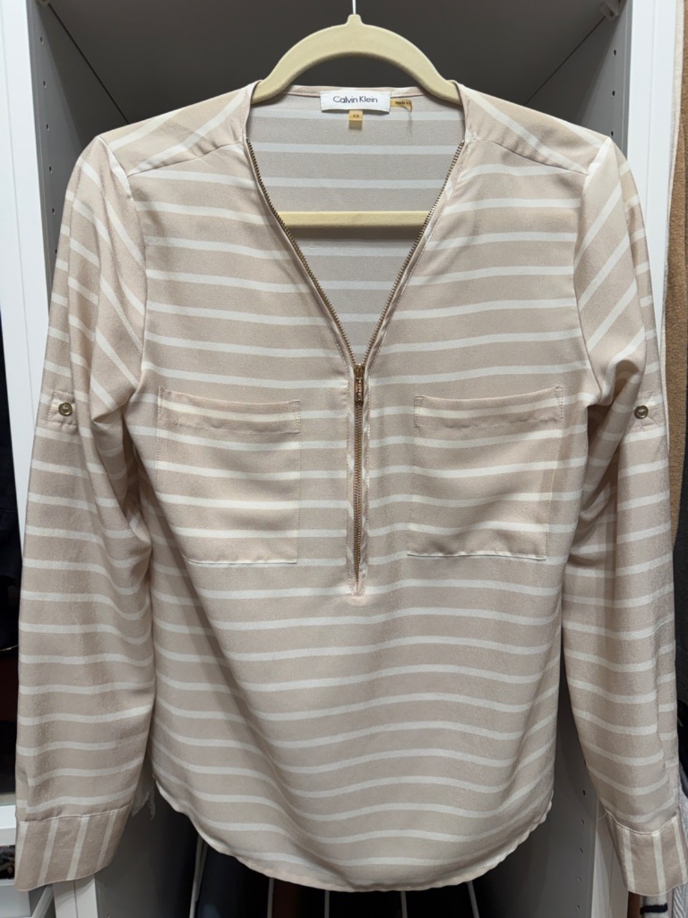 Calvin Klein Beige and White Striped Zip-Front Tunic
